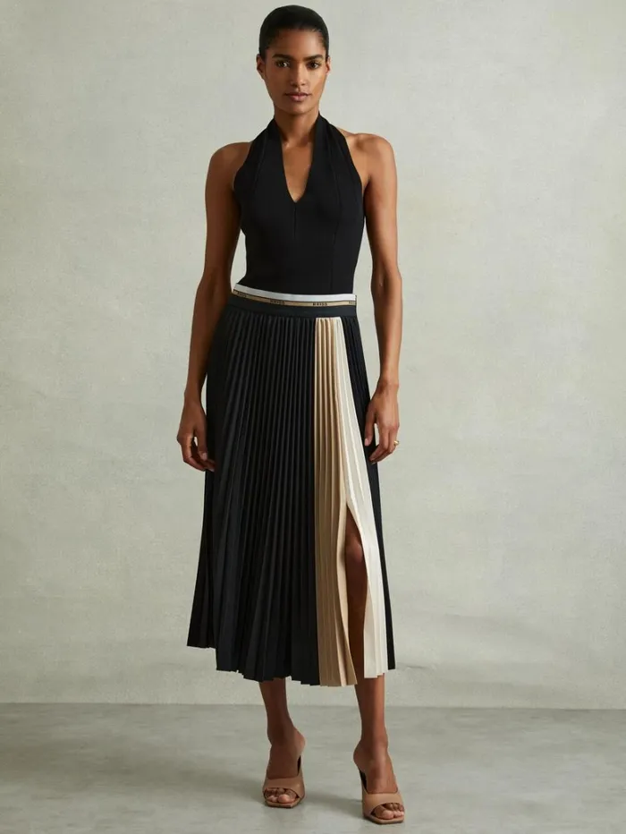 Reiss Skirts Women Iris Black Pleated Waistband Detail Midi Skirt