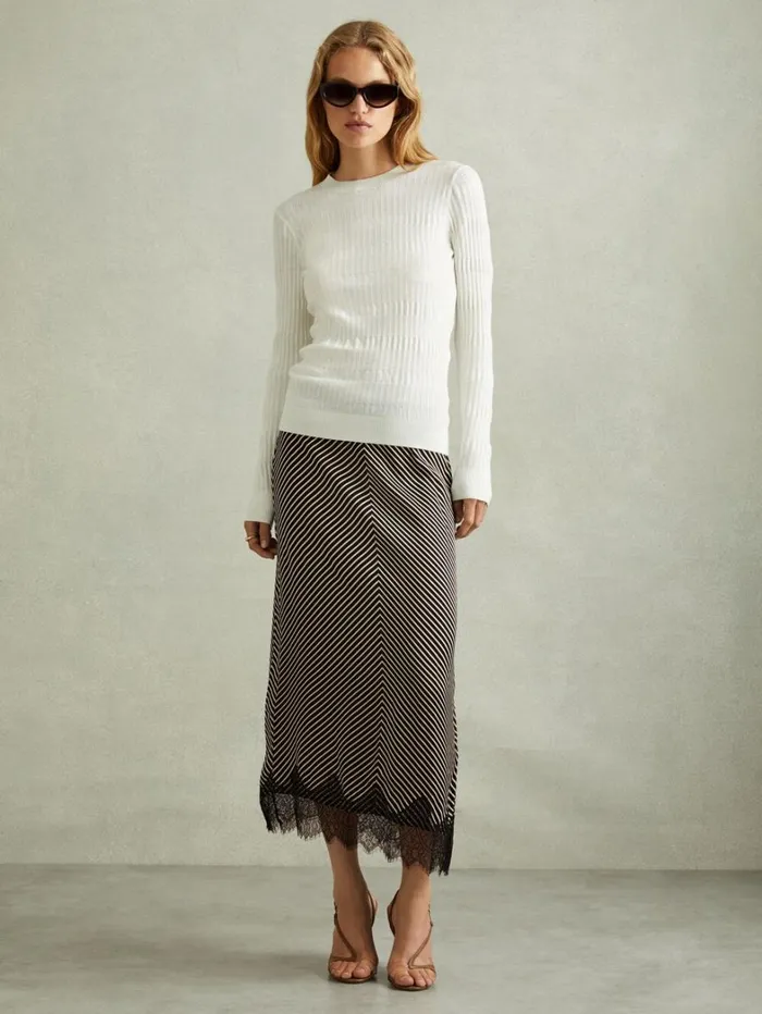 Reiss Skirts Women Ivy BlackIvory Striped Lace Trim Midi Skirt