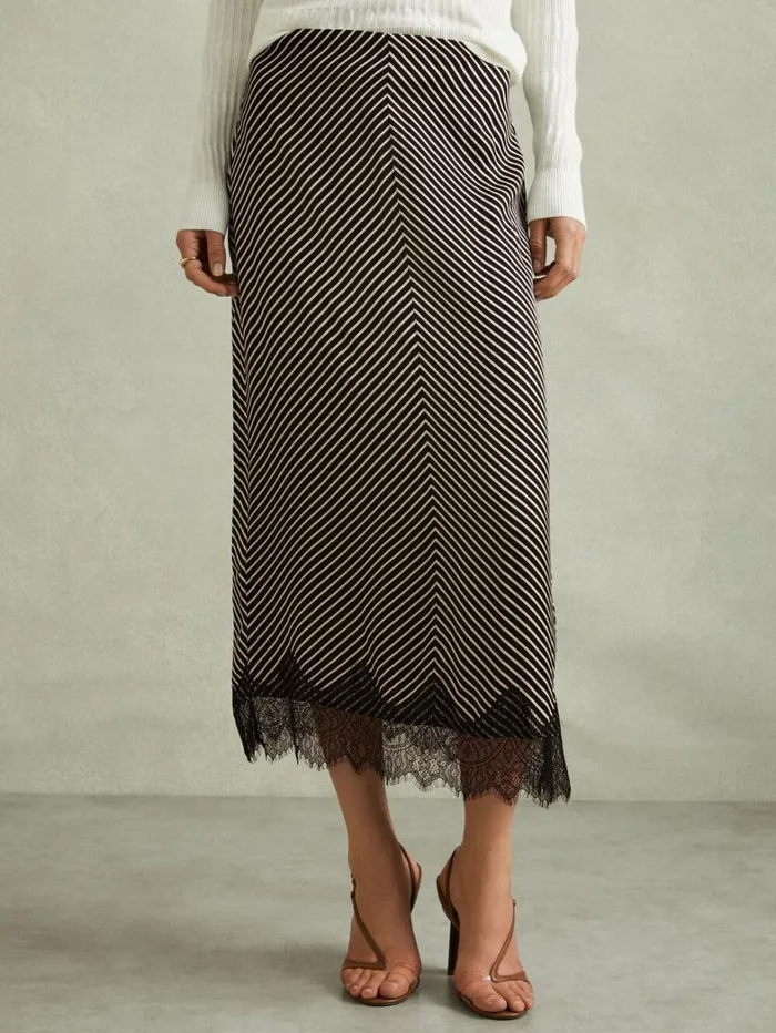 Reiss Skirts Women Ivy BlackIvory Striped Lace Trim Midi Skirt Reiss Skirts Women Ivy BlackIvory Striped Lace Trim Midi Skirt