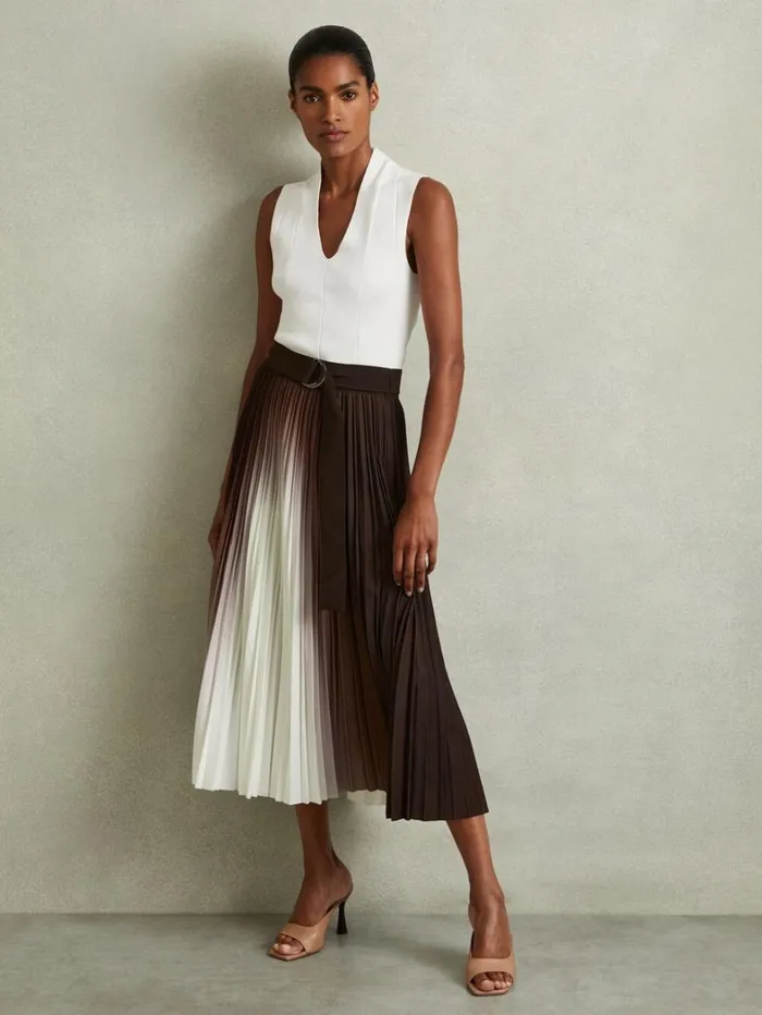 Reiss Skirts Women Pleated Crepe Ombr Midi Skirt In Chocolate