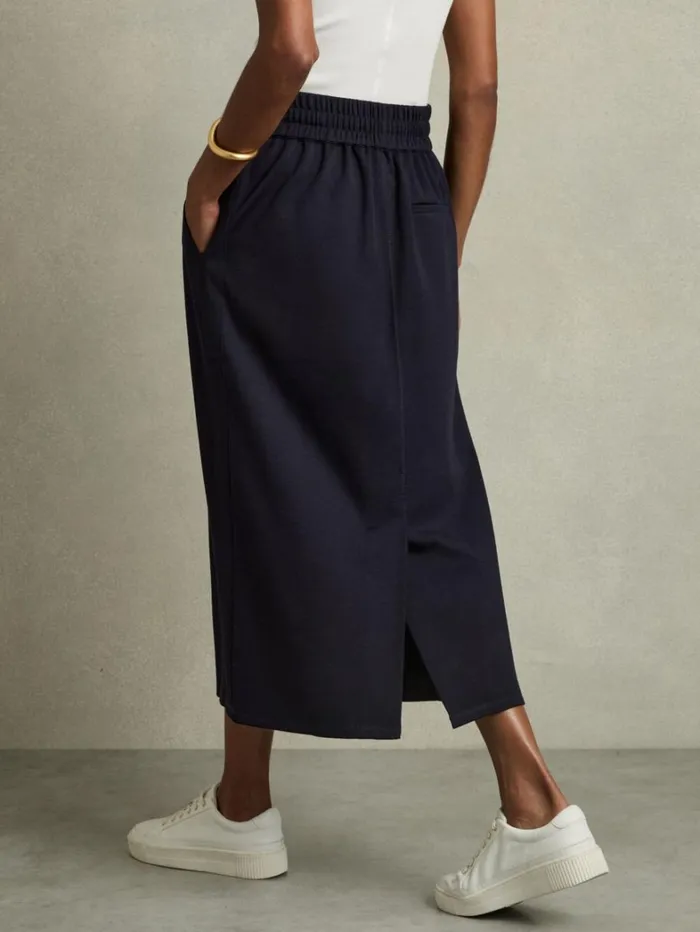 Reiss Skirts Women WoolBlend Ruched Jersey Midi Skirt In Navy Reiss Skirts Women WoolBlend Ruched Jersey Midi Skirt In Navy