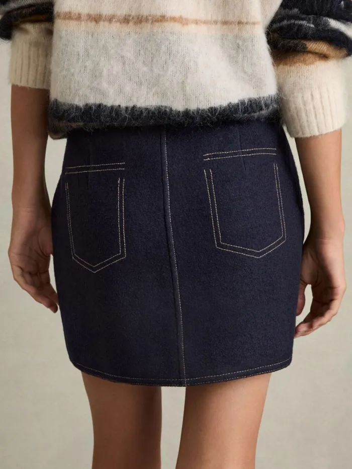Reiss Skirts Women WoolBlend Topstitched Mini Skirt In Navy Reiss Skirts Women WoolBlend Topstitched Mini Skirt In Navy