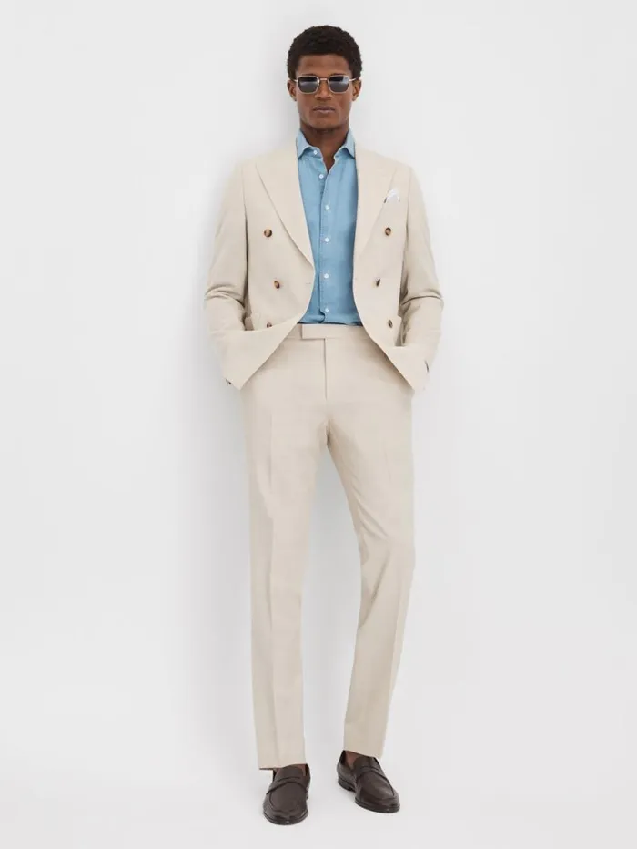 Reiss Suits and Tailoring Men Slim Fit Double Breasted Blazer In Stone Reiss Suits and Tailoring Men Slim Fit Double Breasted Blazer In Stone