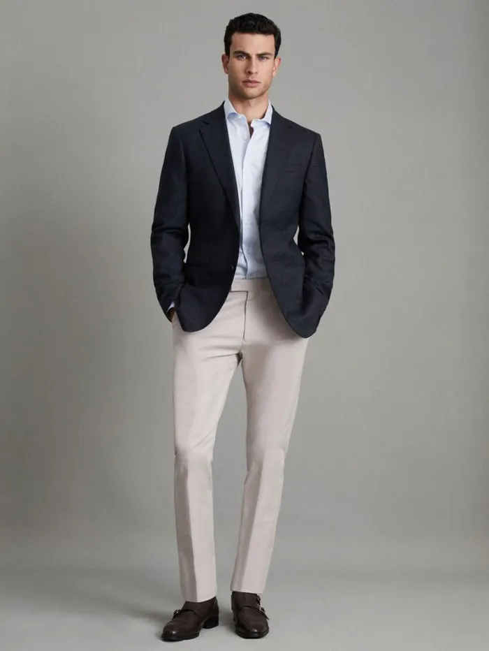 Reiss Suits and Tailoring Men Slim Fit Wool Textured Single Breasted Blazer In Navy Reiss Suits and Tailoring Men Slim Fit Wool Textured Single Breasted Blazer In Navy