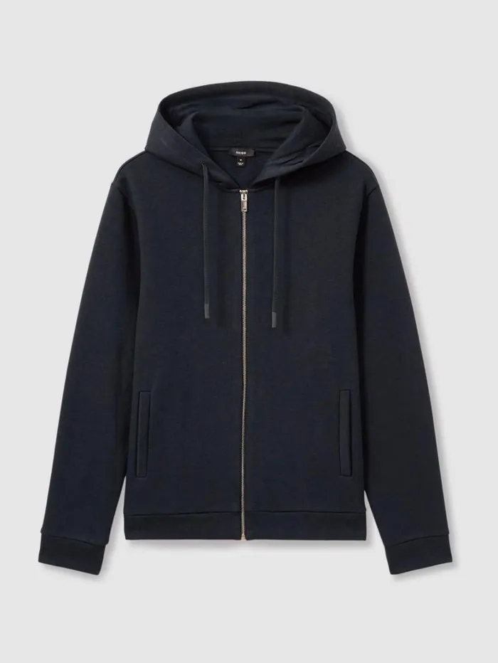 Reiss Sweats Hoodies and Joggers Men CottonBlend FleecebackJersey Zipped Hoodie In Navy Reiss Sweats Hoodies and Joggers Men CottonBlend FleecebackJersey Zipped Hoodie In Navy