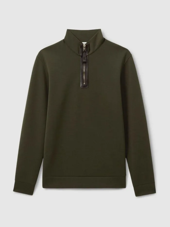 Reiss Sweats Hoodies and Joggers Men LeatherPlacket InterlockJersey Sweatshirt In Forest Green Reiss Sweats Hoodies and Joggers Men LeatherPlacket InterlockJersey Sweatshirt In Forest Green