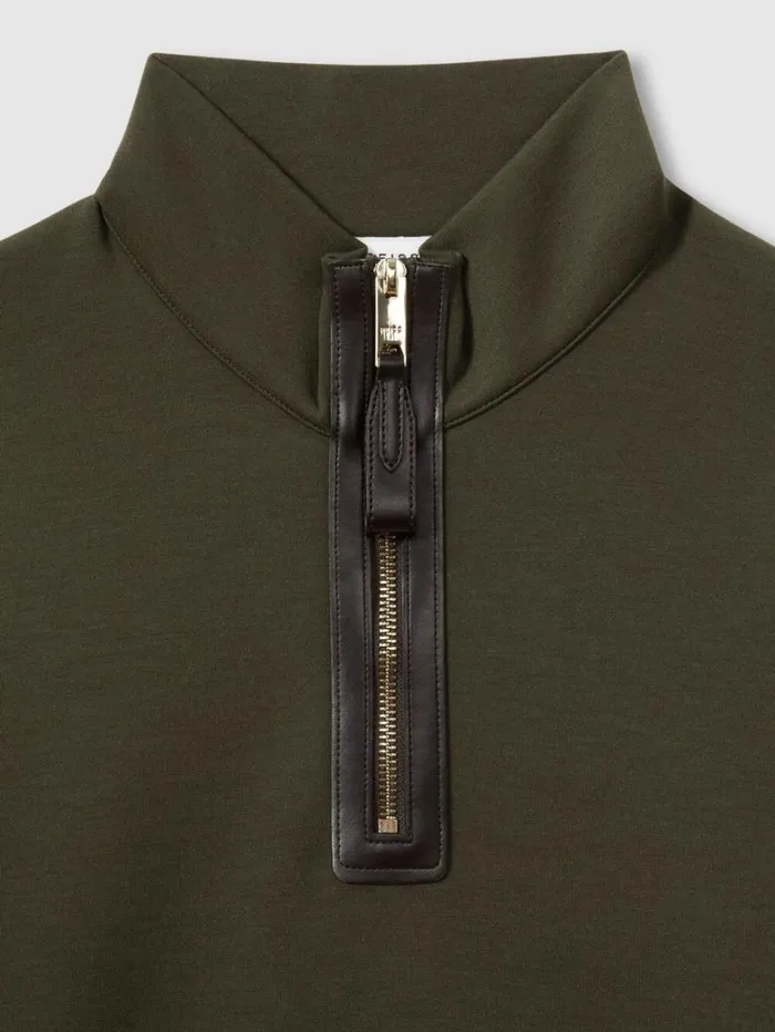 Reiss Sweats Hoodies and Joggers Men LeatherPlacket InterlockJersey Sweatshirt In Forest Green Reiss Sweats Hoodies and Joggers Men LeatherPlacket InterlockJersey Sweatshirt In Forest Green