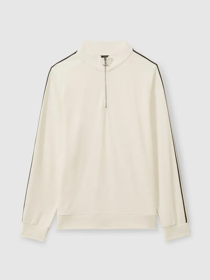 Reiss Sweats Hoodies and Joggers Men Textured Stripe Quarter Zip Funnel Neck Sweatshirt In Off White Reiss Sweats Hoodies and Joggers Men Textured Stripe Quarter Zip Funnel Neck Sweatshirt In Off White