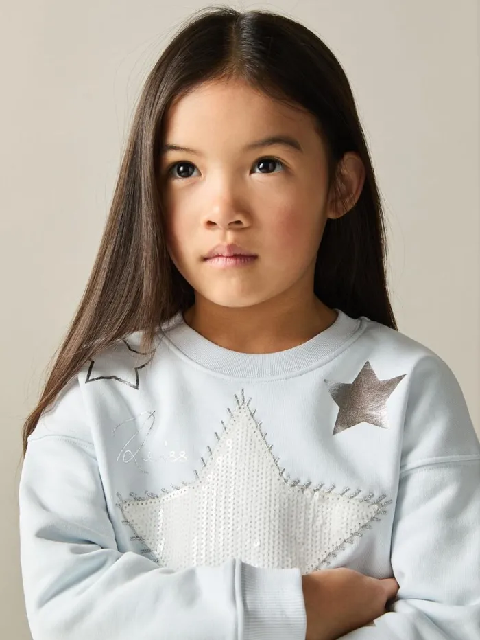 Reiss Tops and TShirts Children Cotton Blend Sequin Star Logo Sweatshirt In Blue Reiss Tops and TShirts Children Cotton Blend Sequin Star Logo Sweatshirt In Blue