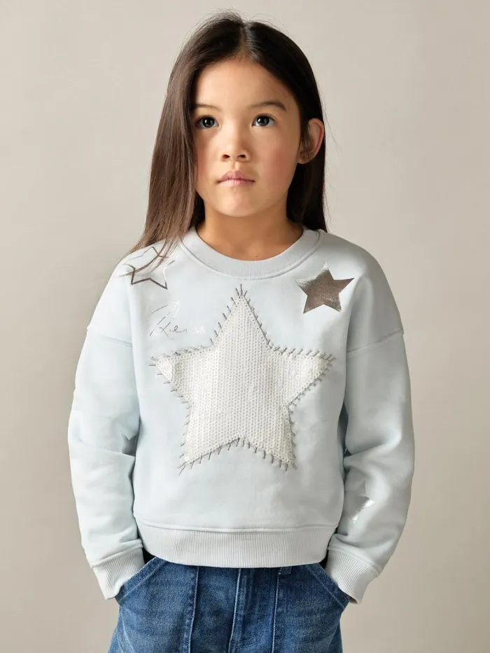 Reiss Tops and TShirts Children Cotton Blend Sequin Star Logo Sweatshirt In Blue Reiss Tops and TShirts Children Cotton Blend Sequin Star Logo Sweatshirt In Blue
