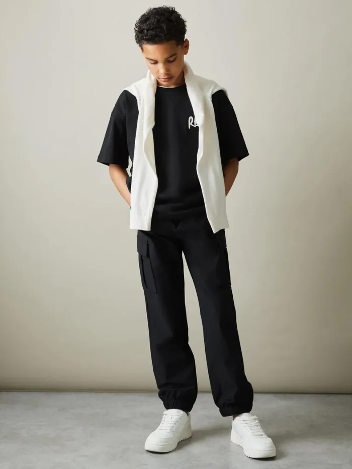 Reiss Trousers Children 39 Yrs Technical Drawstring Cuffed Cargo Trousers In Black
