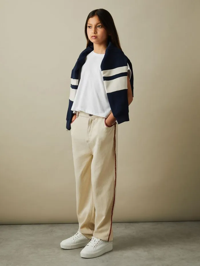 Reiss Trousers Children 49 Yrs Contrast Stitch Frayed Hem Jeans In Ecru