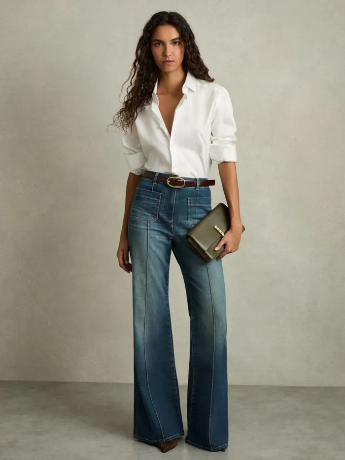 Reiss Trousers Women PatchPocket Flared Jeans In Mid Blue
