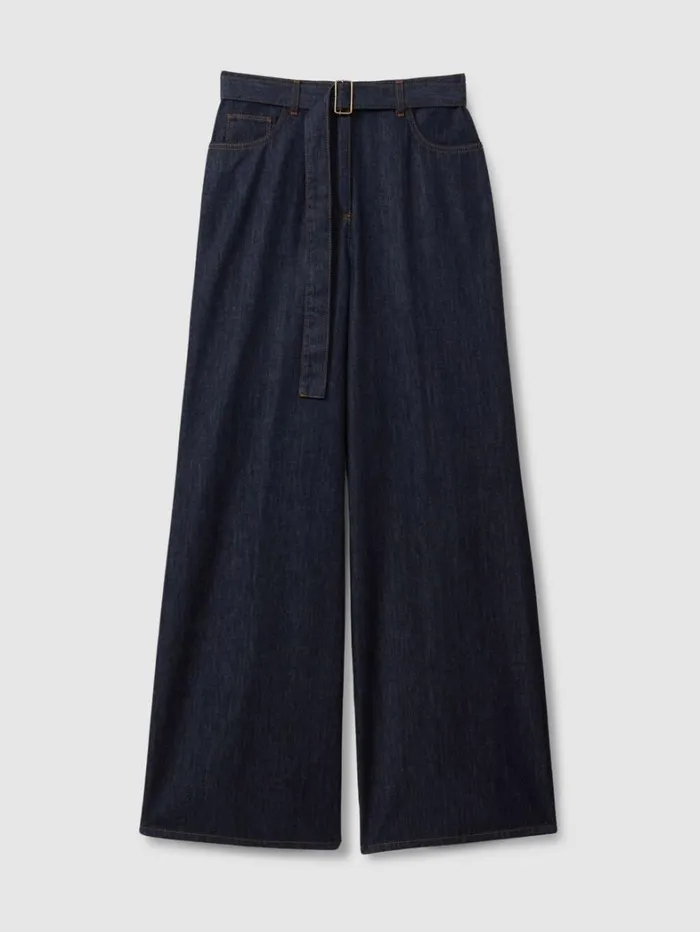 Reiss Trousers Women Petite Belted Wide Leg Jeans In Dark Blue Reiss Trousers Women Petite Belted Wide Leg Jeans In Dark Blue