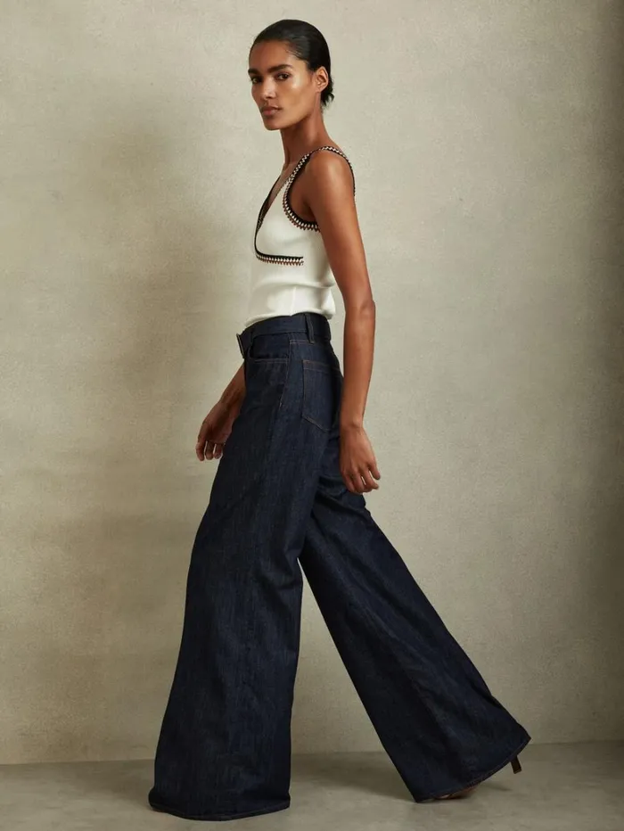 Reiss Trousers Women Petite Belted Wide Leg Jeans In Dark Blue Reiss Trousers Women Petite Belted Wide Leg Jeans In Dark Blue