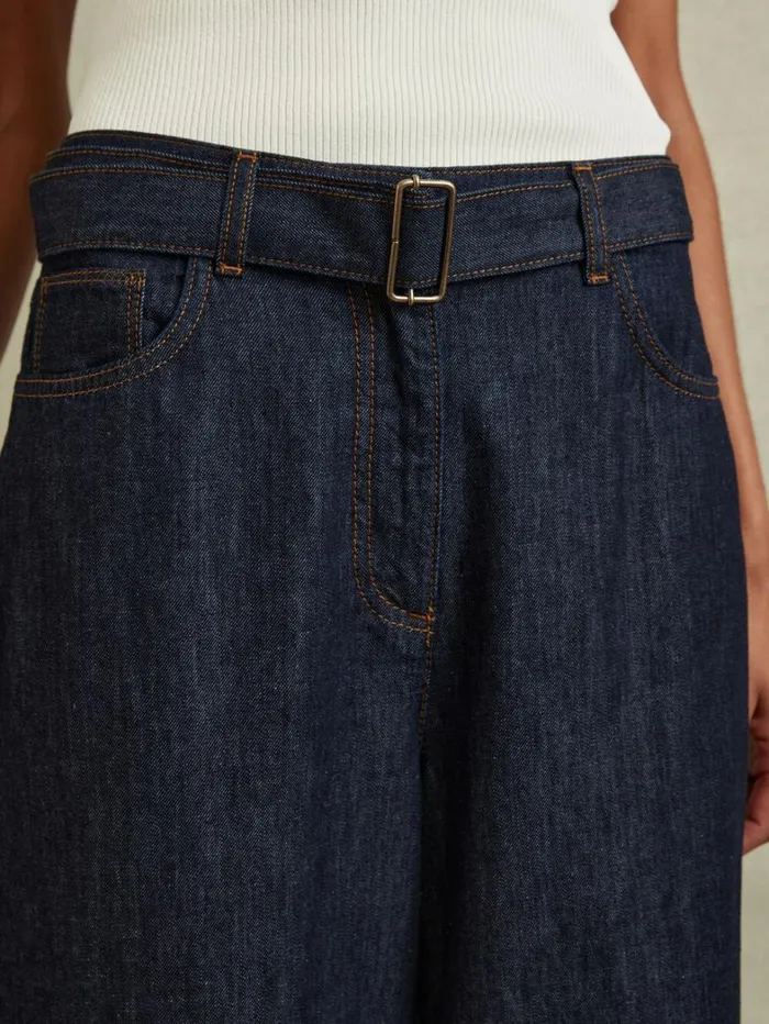 Reiss Trousers Women Petite Belted Wide Leg Jeans In Dark Blue Reiss Trousers Women Petite Belted Wide Leg Jeans In Dark Blue