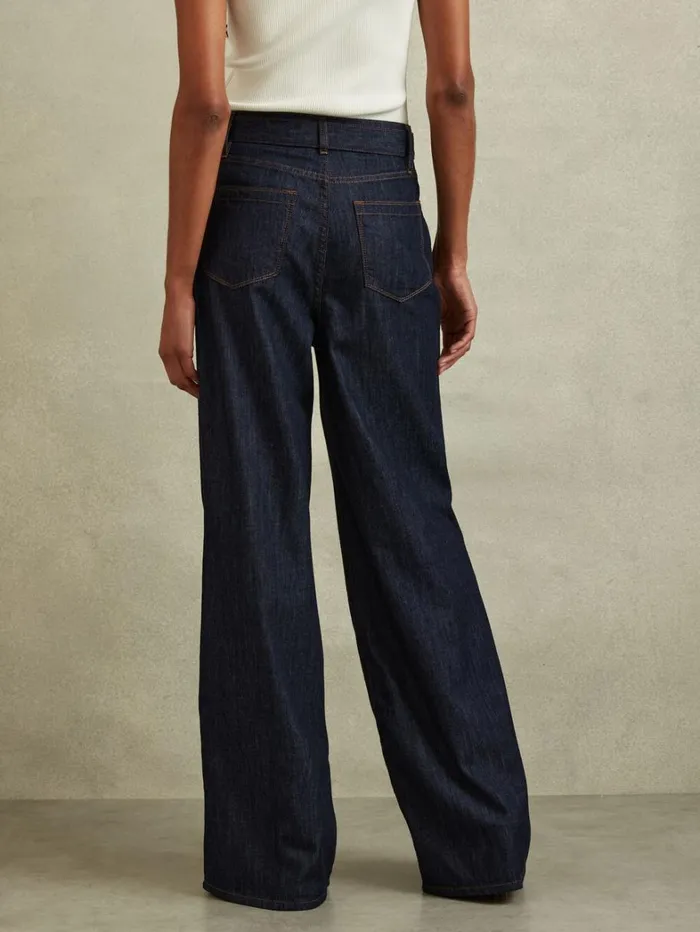 Reiss Trousers Women Petite Belted Wide Leg Jeans In Dark Blue Reiss Trousers Women Petite Belted Wide Leg Jeans In Dark Blue