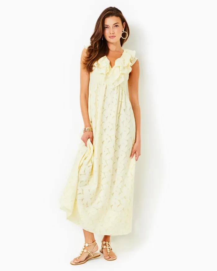 Ritamarie Ruffle Maxi Dress Pastel Finch Yellow Flora Faille Women Lilly Pulitzer Dresses Ritamarie Ruffle Maxi Dress Pastel Finch Yellow Flora Faille Women Lilly Pulitzer Dresses