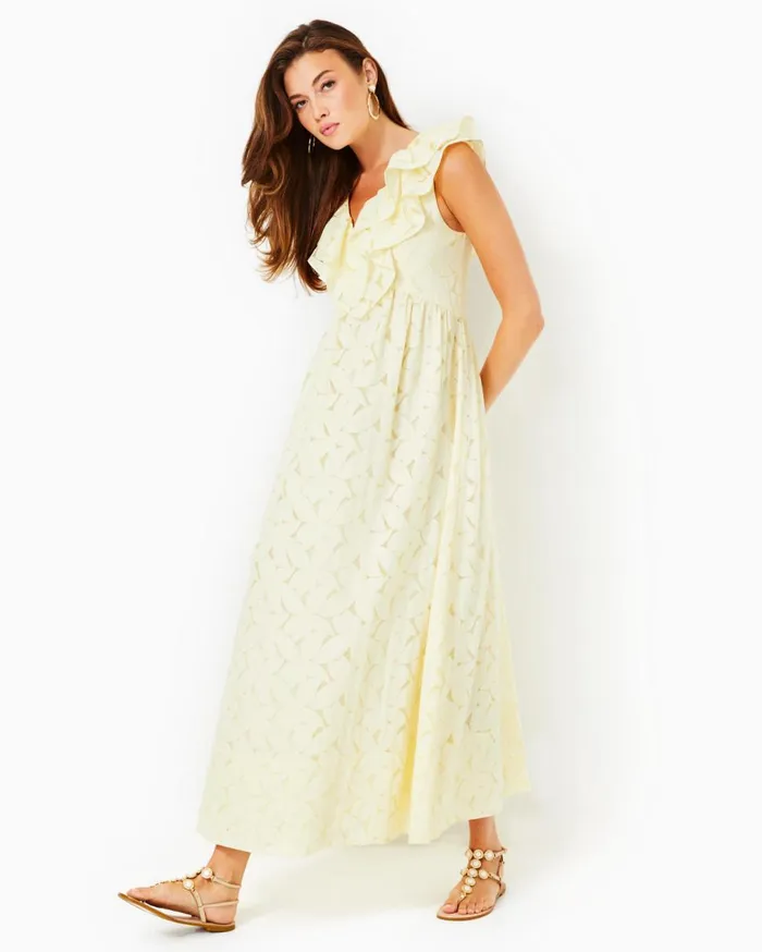 Ritamarie Ruffle Maxi Dress Pastel Finch Yellow Flora Faille Women Lilly Pulitzer Dresses Ritamarie Ruffle Maxi Dress Pastel Finch Yellow Flora Faille Women Lilly Pulitzer Dresses