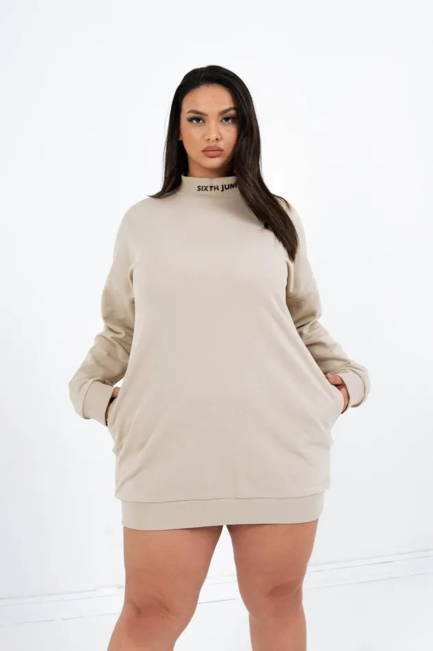 Sixth June Paris Dresses and Jumpsuits Ribbed Collar Logo Sweat Dress Curve Beige 8211 Women Sixth June Paris Dresses and Jumpsuits Ribbed Collar Logo Sweat Dress Curve Beige 8211 Women