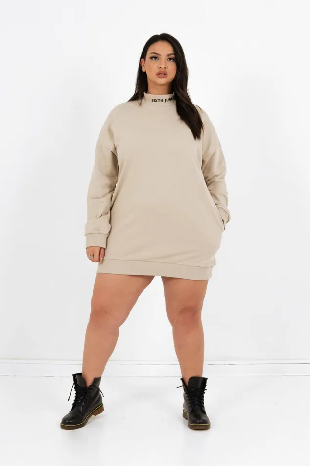 Sixth June Paris Dresses and Jumpsuits Ribbed Collar Logo Sweat Dress Curve Beige 8211 Women Sixth June Paris Dresses and Jumpsuits Ribbed Collar Logo Sweat Dress Curve Beige 8211 Women