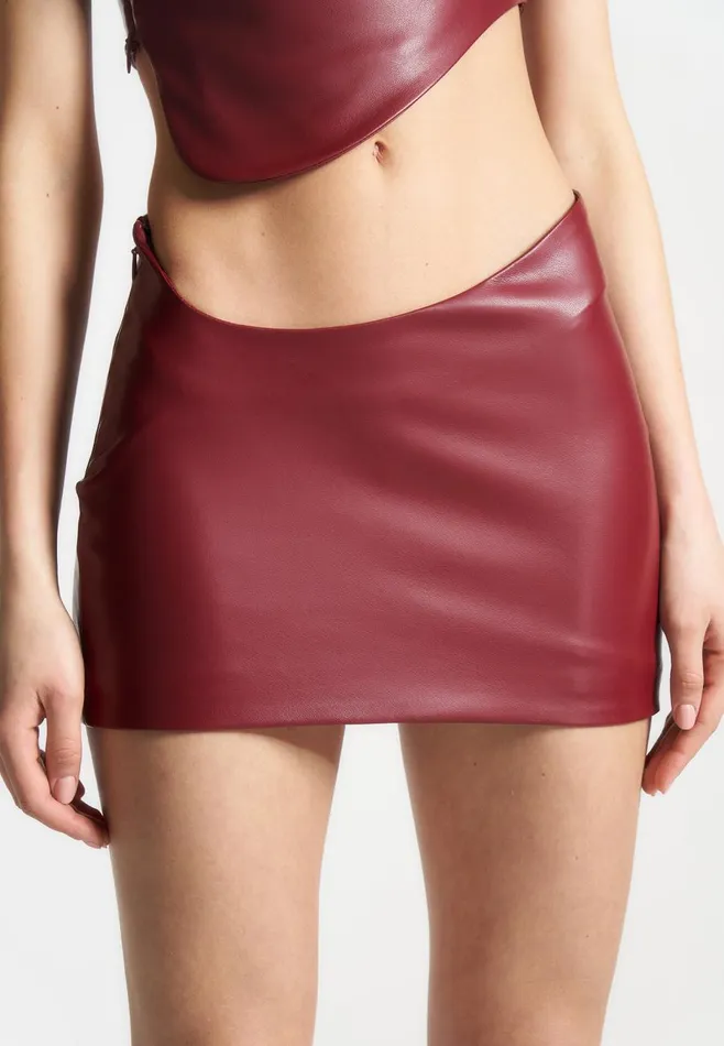 Skirts Women Manire De Voir Curved Waist Leather Mini Skirt Wine Red