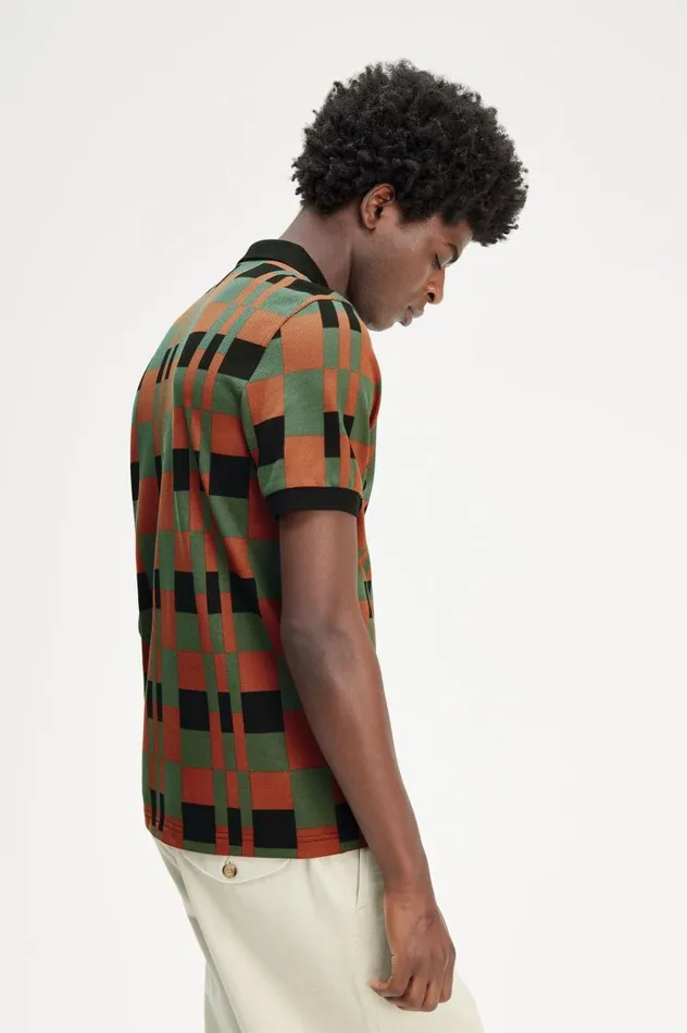 Split Chequerboard Polo Shirt Laurel Wreath Green Men Fred Perry Polo Shirts