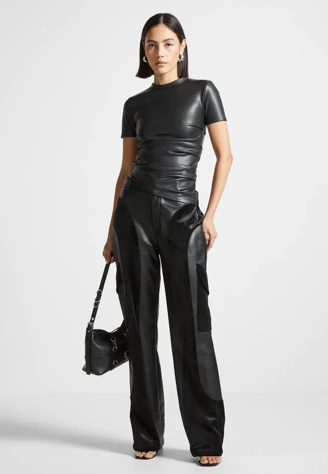 Tops and T Shirts Women Manire De Voir Leather Ruched TShirt Black