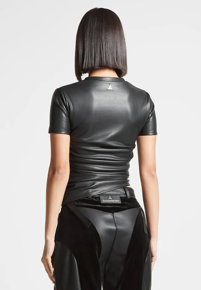 Tops and T Shirts Women Manire De Voir Leather Ruched TShirt Black