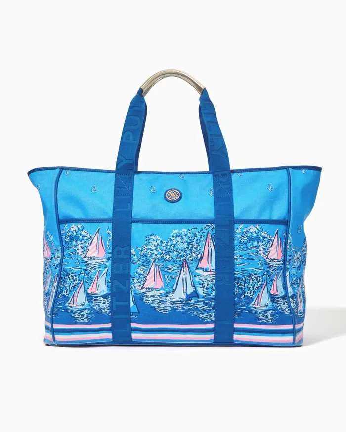 Trystin Oversized Canvas Tote Lunar Blue A Lil Nauti Engineered Tote Women Lilly Pulitzer Bags