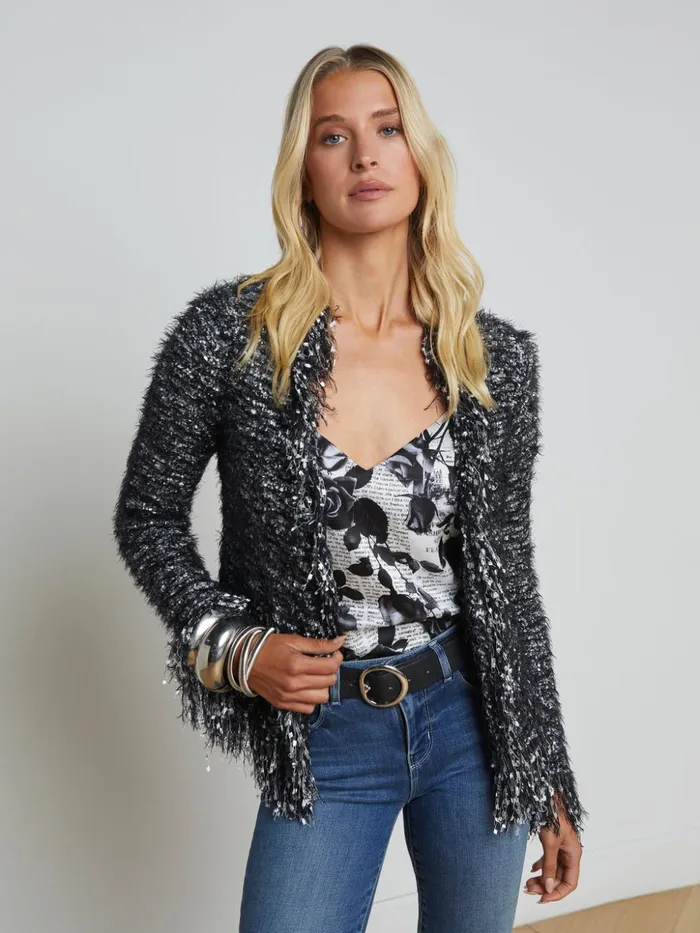 Women Azure Fringe Cardigan Blazer Blacksilver Multi L039Agence Blazers and Jackets New