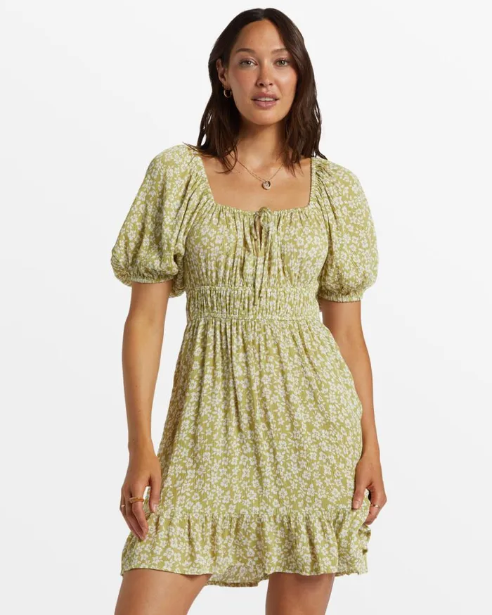 Women Billabong Dresses Cabana Puff Sleeve Mini Dress Moss Joy