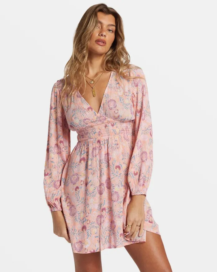 Women Billabong Dresses In Ur Dreams LongSleeve Mini Dress Peach Paradise