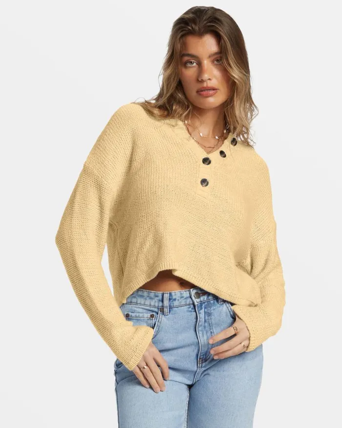 Women Billabong Sweaters Shallow Waters Henley Sweater Retro Yellow