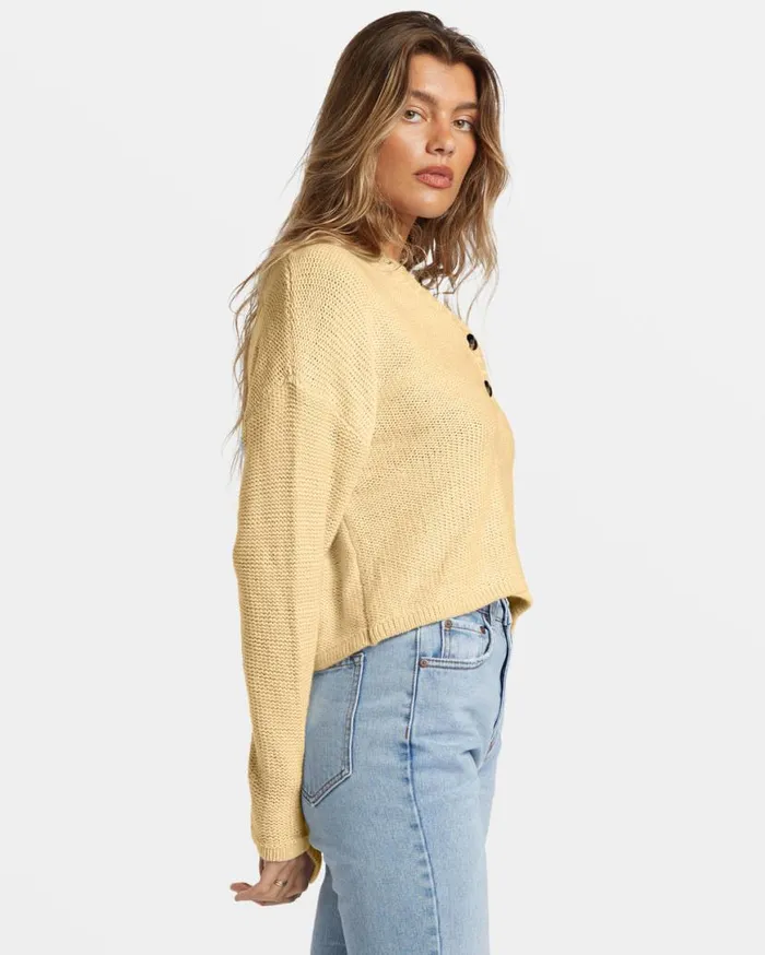 Women Billabong Sweaters Shallow Waters Henley Sweater Retro Yellow Women Billabong Sweaters Shallow Waters Henley Sweater Retro Yellow