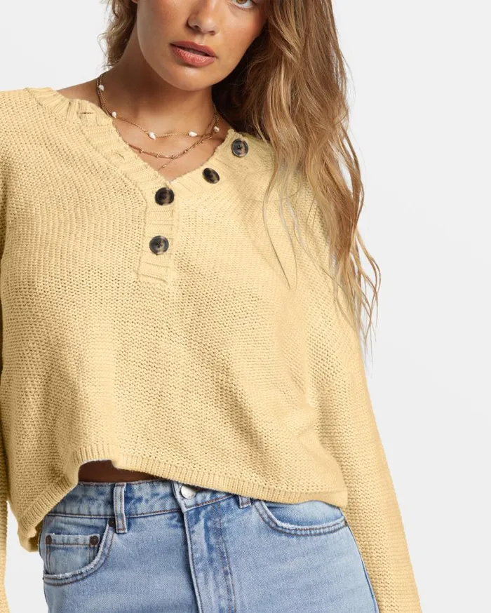 Women Billabong Sweaters Shallow Waters Henley Sweater Retro Yellow Women Billabong Sweaters Shallow Waters Henley Sweater Retro Yellow