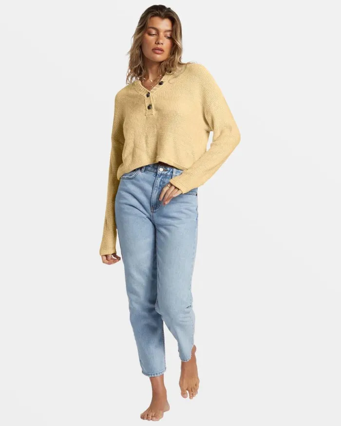 Women Billabong Sweaters Shallow Waters Henley Sweater Retro Yellow Women Billabong Sweaters Shallow Waters Henley Sweater Retro Yellow