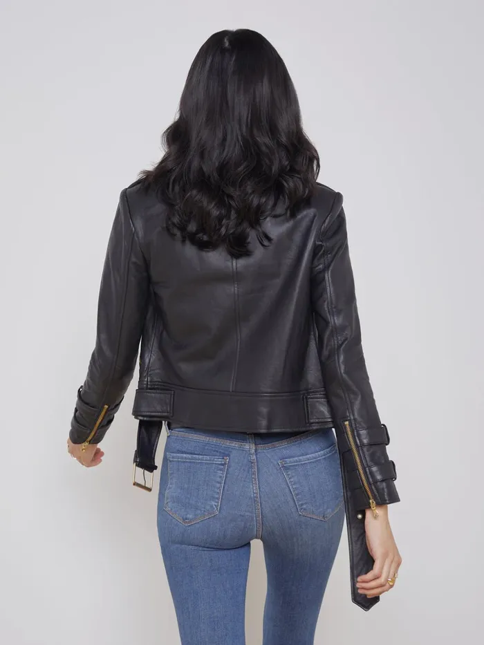 Women Billie Belted Leather Jacket Black L039Agence Outerwear New