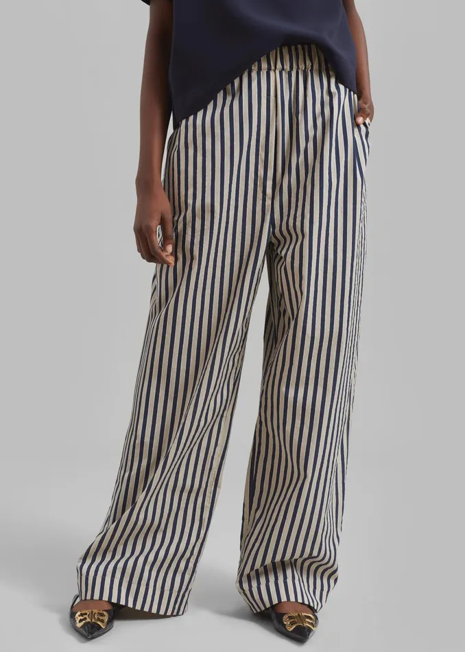 Women Bottoms The Frankie Shop Mirca Textured Elastic Pants 8211 BeigeNavy Multi Stripe