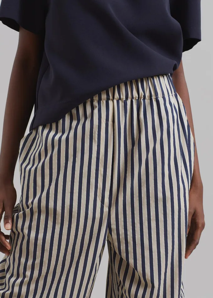 Women Bottoms The Frankie Shop Mirca Textured Elastic Pants 8211 BeigeNavy Multi Stripe