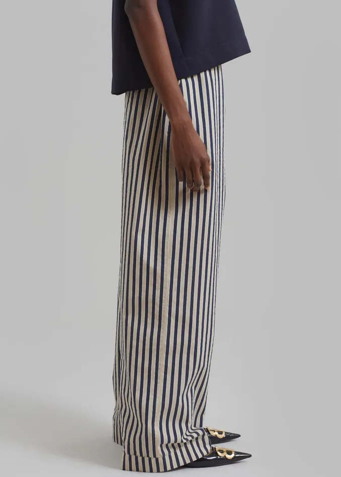 Women Bottoms The Frankie Shop Mirca Textured Elastic Pants 8211 BeigeNavy Multi Stripe