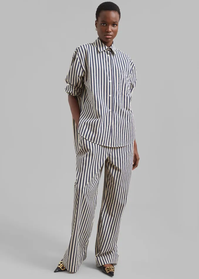 Women Bottoms The Frankie Shop Mirca Textured Elastic Pants 8211 BeigeNavy Multi Stripe