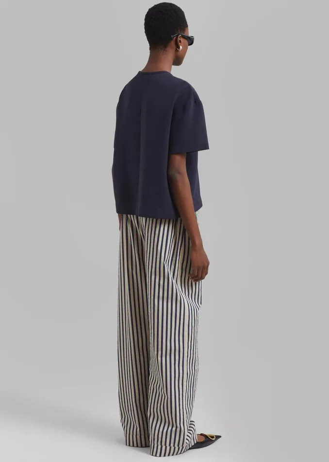 Women Bottoms The Frankie Shop Mirca Textured Elastic Pants 8211 BeigeNavy Multi Stripe