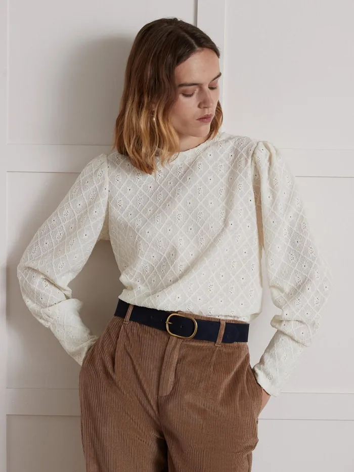 Women Clothing Cyrillus Jacquard THirt With Puffy Sleeves Ecru