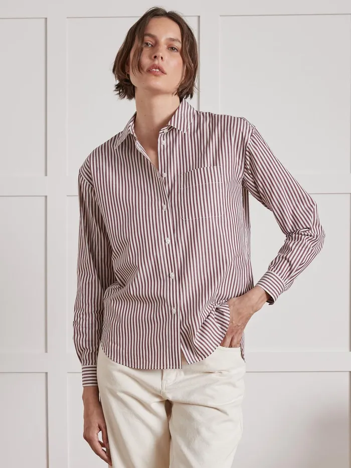 Women Clothing Cyrillus Striped Organic Cotton Shirt Rayure Bordeauxecru