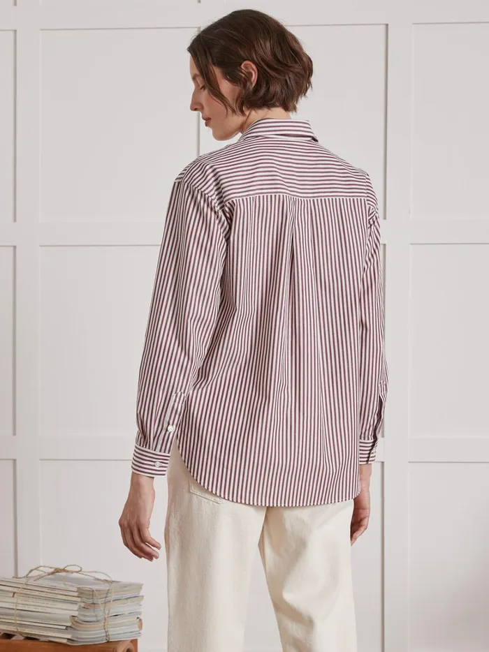 Women Clothing Cyrillus Striped Organic Cotton Shirt Rayure Bordeauxecru