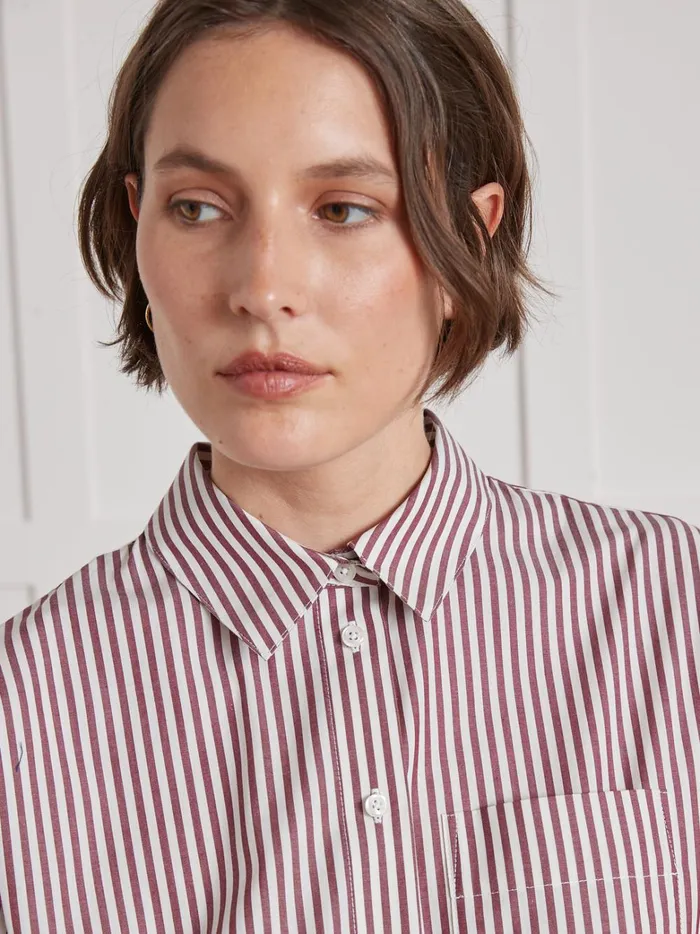 Women Clothing Cyrillus Striped Organic Cotton Shirt Rayure Bordeauxecru