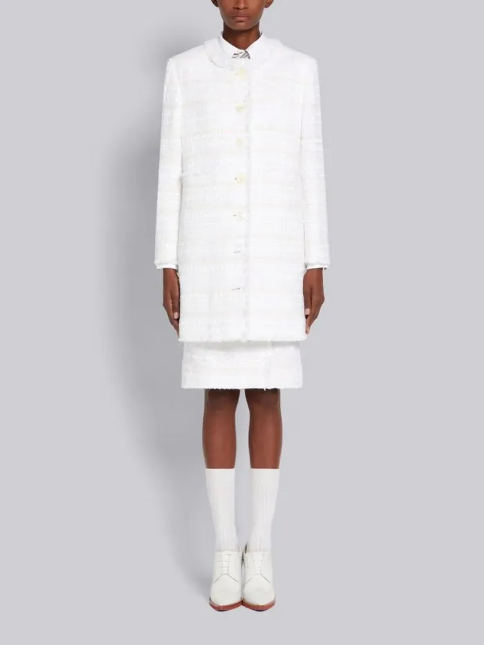 Women Cotton Oxford Ribbon Tweed Frayed Crewneck Cardigan Overcoat White Thom Browne Outerwear Women Cotton Oxford Ribbon Tweed Frayed Crewneck Cardigan Overcoat White Thom Browne Outerwear