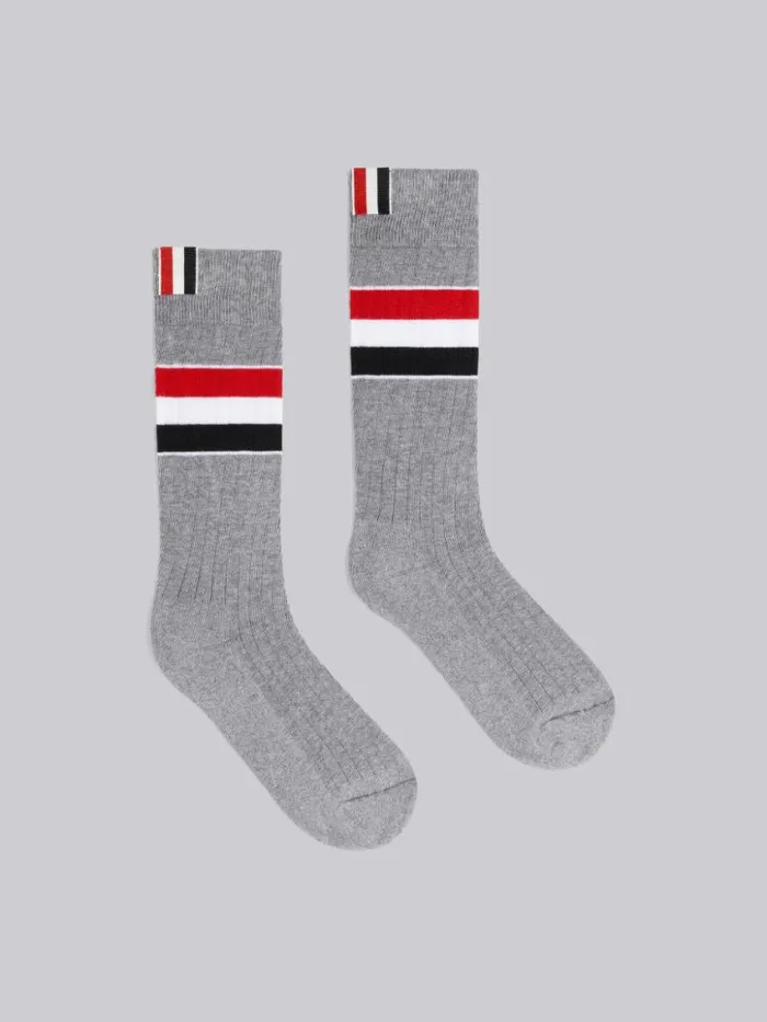 Women Cotton Wide Stripe Athletic Mid Calf Socks Light Grey Thom Browne Socks