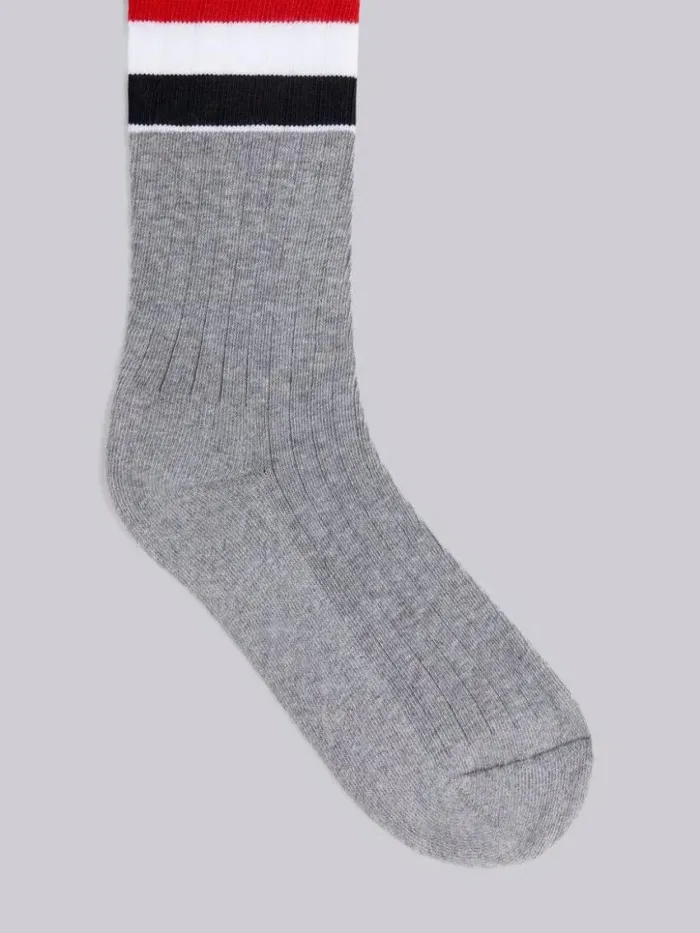 Women Cotton Wide Stripe Athletic Mid Calf Socks Light Grey Thom Browne Socks